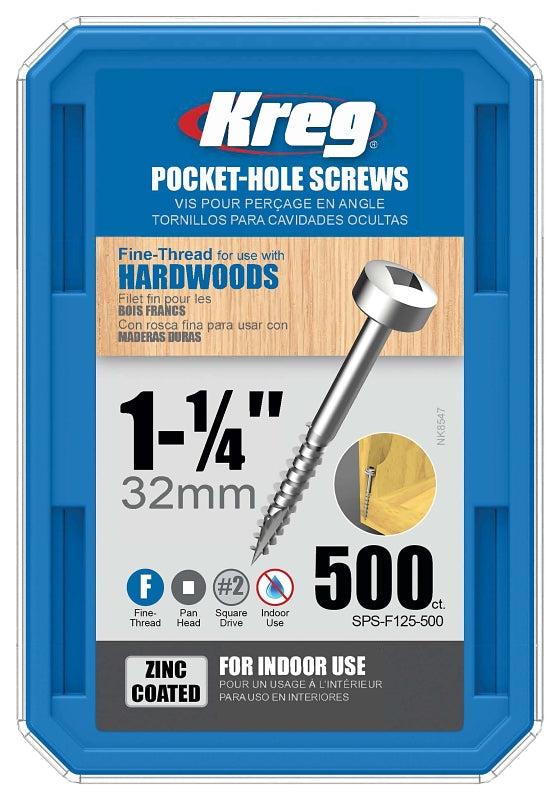KREG Kreg SPS-F125 - 500 Pocket-Hole Screw, #6 Thread, 1-1/4 in L, Fine Thread, Pan Head, Square Drive, Self-Tapping Point