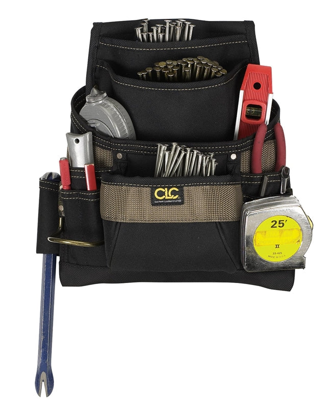 HULTAFORS CLC Tool Works Series 1620 Nail/Tool Bag, 12-3/4 in W, 3-1/4 in D, 13-3/4 in H, 11-Pocket, Polyester, Black/Brown TOOLS HULTAFORS