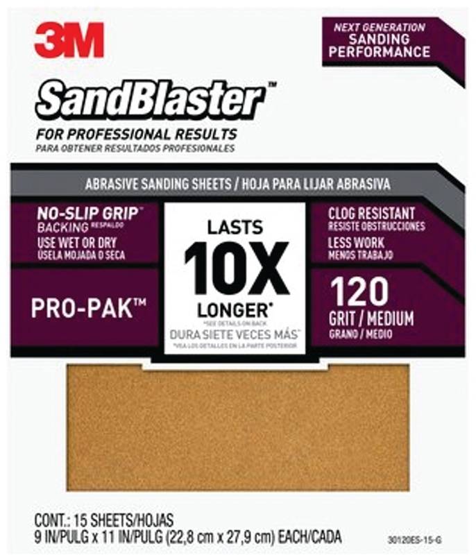 3M 3M SandBlaster Series 30120ES-15-G Sandpaper, 11 in L, 9 in W, 120 Grit, Medium, Aluminum Oxide Abrasive PAINT 3M   