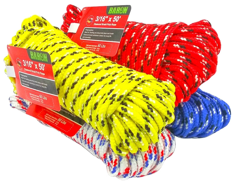 BARON BARON 42607 Rope, 3/16 in Dia, 50 ft L, 244 lb Working Load, Polypropylene, Assorted HARDWARE & FARM SUPPLIES BARON   