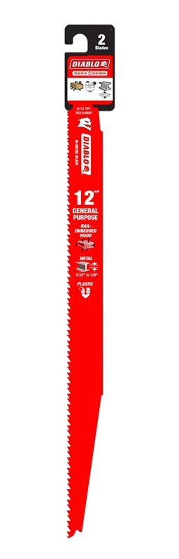 DIABLO Diablo DS1214BGP2 Series Reciprocating Saw Blade, Applicable Materials: Metal, Plastic, Wood, 12 in L, 8/14 TPI, 2/PK