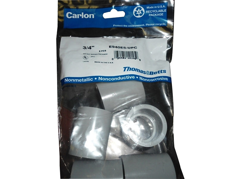 CARLON Carlon E940E5-UPC Conduit Coupling, 3/4 in Socket, 0.84 in ID x 1.3125 in OD Dia, 1-5/8 in L, PVC, Gray ELECTRICAL CARLON